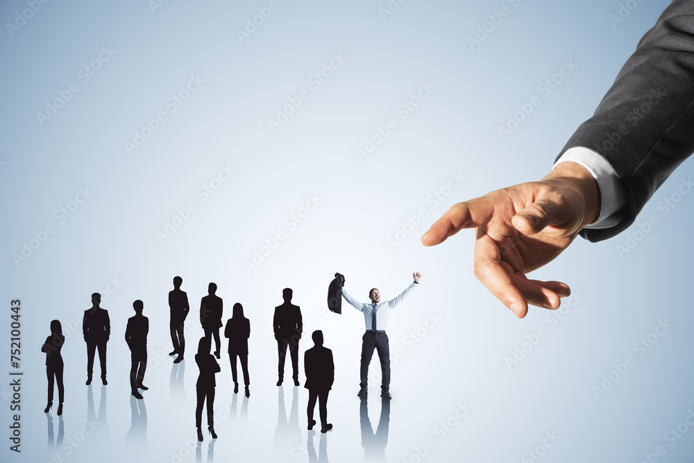 Poster hand pointing at crowd of businessmen on light background. worker management concept.