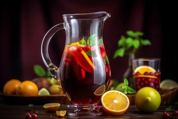 A fruity sangria pitcher filled with red wine, fresh fruits, and a splash of brandy - obrazy, fototapety, plakaty