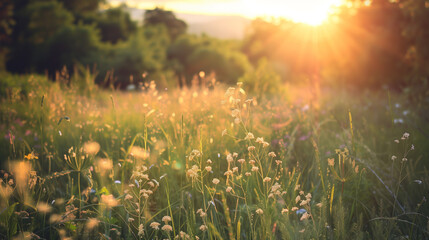 A meadow filled with wildflowers basks in the warm glow of the evening sun