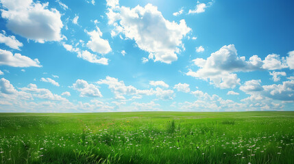 Fototapeta na wymiar A green meadow stretches out under a clear blue sky