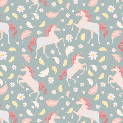 Seamless vector pattern with cute unicorns on floral background. Perfect for textile, wallpaper or print design.