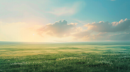 A vibrant meadow bathed in morning light, filled with hope for a new day - obrazy, fototapety, plakaty