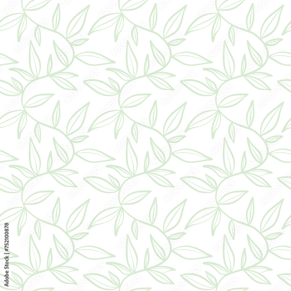 Poster seamless vector pattern with green climbing vines on white background, leaf wallpaper print