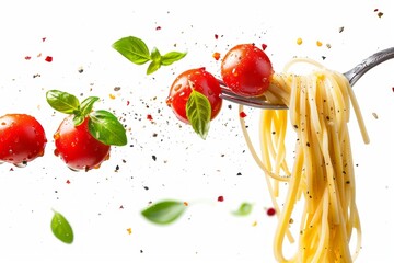 Pasta with tomatoes, basil, grated parmesan and pepper rolled on a fork over white background with copy space. Creative fantasy food background for Italian cuisine menu.