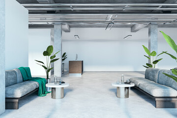 Clean spacious office interior with reception desk and furniture. 3D Rendering.