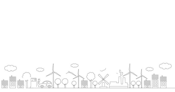 Animated linear black icon of green energy city. Line symbols is drawn. Concept of Sustainability, environment, renewable energy, green technology. Illustration isolated on white background. 