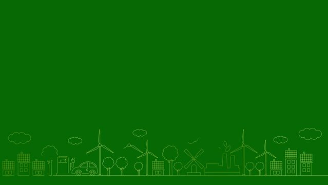 Animated linear golden icon of green energy city. Line symbols is drawn. Concept of Sustainability, environment, renewable energy, green technology. Illustration isolated on green background. 