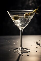 A martini glass filled with olives is placed on a wooden table, showcasing a sophisticated and classic cocktail presentation