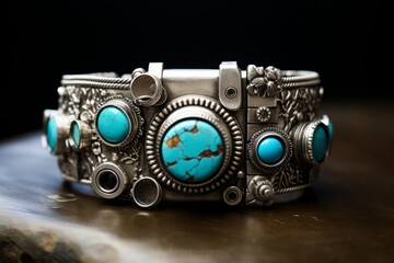 A statement cuff bracelet crafted from sterling silver, adorned with vibrant turquoise stones, adding a touch of elegance and color to any outfit