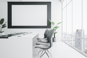 Modern glass meeting room interior with empty white mock up billboard and panoramic window and city view. 3D Rendering.