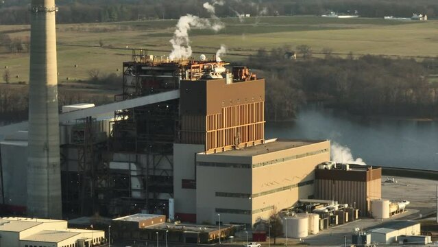 Flint Creek Power Plant By The Swepco Lake In Benton County, Arkansas. aerial tilt-up shot