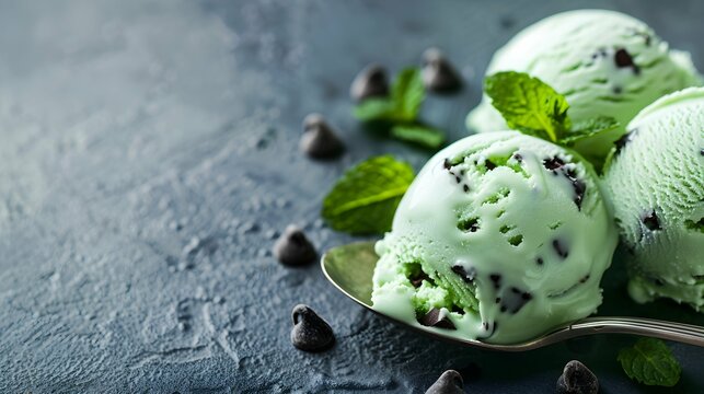 Organic Green Mint Chocolate Chip Ice Cream with a Spoon. with copy space image. Place for adding text or design