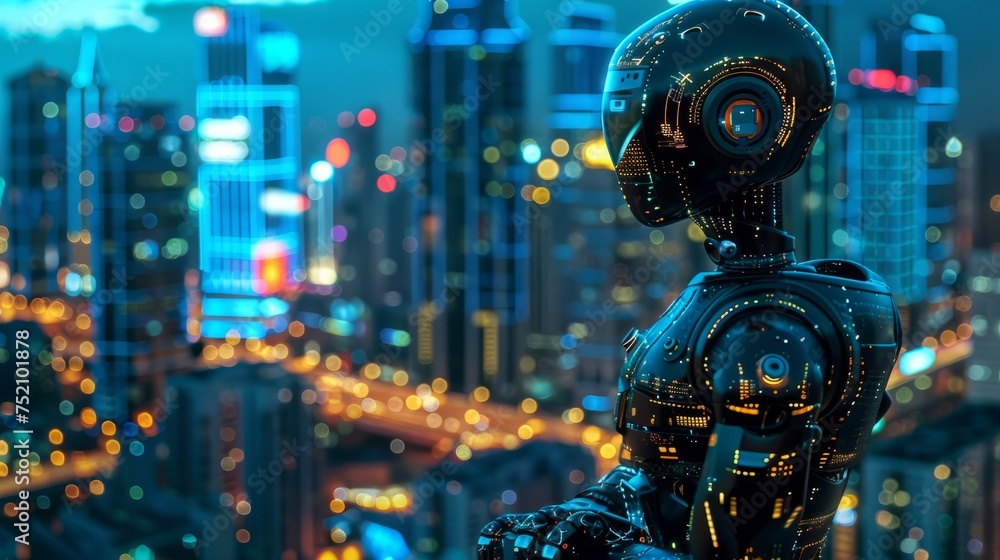 Poster futuristic smart city metaverse: abstract high-speed light effect with ai robot engineer technology 