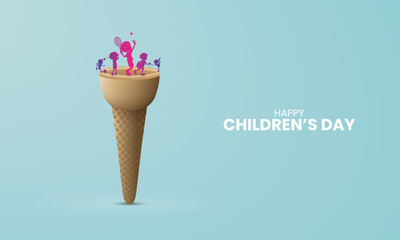 Happy Children's day, childrens day creative, con ice cream with playing child. 