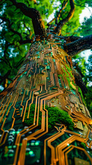 Obraz premium A cedar tree with circuit boards for bark, processing data with every gust of wind. mobile phone wallpaper,