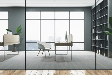 Clean coworking office hallway interior with panoramic window and city view, wooden flooring, rug...