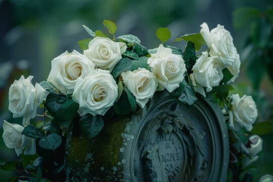 A bunch of white roses resting delicately on the surface of a grave, honoring the memory of a departed loved one. The serene image captures the solemn beauty of remembrance