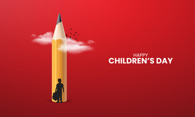 Happy Children's day, childrens day creative, pencil with children, Flying bird, 3d illustration