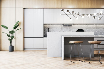 Contemporary wooden kitchen interior. 3D Rendering.