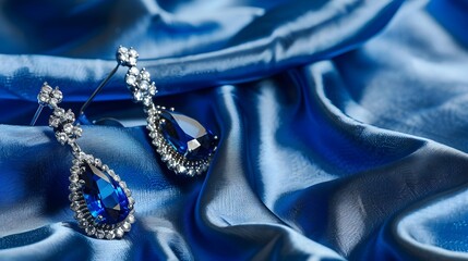 Pair of platinum earring with sapphire on blue satin background. Luxury female jewelry, close-up 