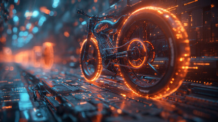 The neon motorcycle in digital background. digital bike concept. future technology growing concepts.