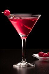 A glass is filled with a red liquid, a classic cosmopolitan cocktail, garnished with two cherries. The cherries add a sweet and fruity touch to the drink, enhancing its flavor profile
