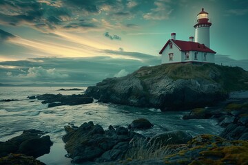 A lighthouse stands tall on top of a rugged rocky shore, overlooking the crashing waves below. The...