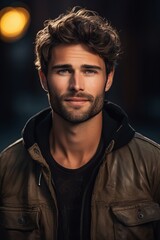 Fototapeta premium A man with a beard wearing a brown jacket captured in a portrait shoot. The man appears confident and stylish in his attire, adding a rugged charm to the scene