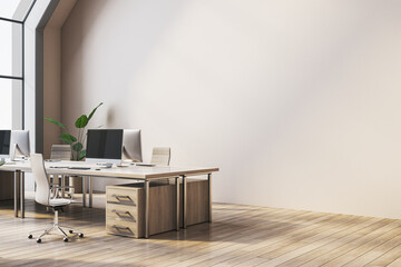 Modern spacious coworking office interior with panoramic floor to ceiling windows, wooden flooring,...