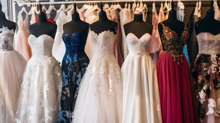 Fototapeta na wymiar Photo of a variety of bridal gowns on mannequins in a wedding dress boutique 