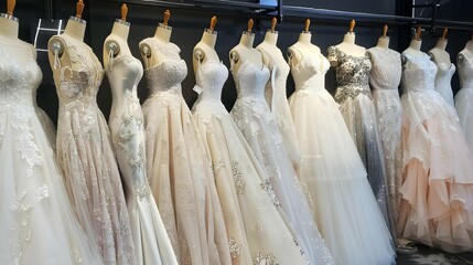 Photo of a variety of bridal gowns on mannequins in a wedding dress boutique 