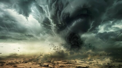 photography of tornado. Nature disaster and thunderstorm. - obrazy, fototapety, plakaty