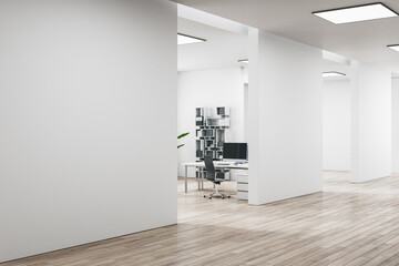 Bright white coworking office hallway interior with furniture, equipment and mock up place on...