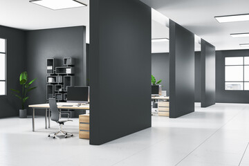 Modern dark concrete coworking office hallway interior with furniture, equipment and mock up place...