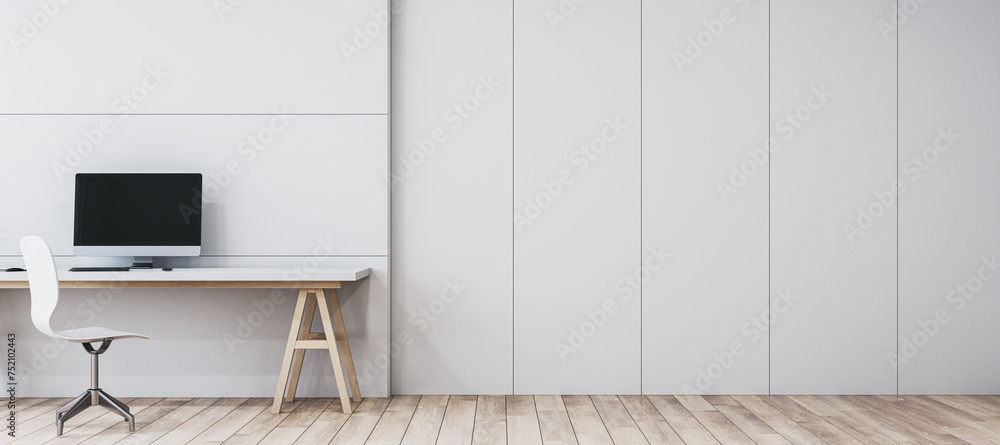 Poster contemporary minimalistic white interior with workplace and computer monitor, mock up place on wall 
