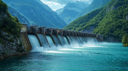 Fototapeta premium Modern hydroelectric power plant against a scenic backdrop, showcasing the future of sustainable energy