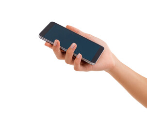 Phone screen, hand and woman in studio with mockup for social media, chat or networking on white background. Smartphone, app or closeup of lady model show sign up, promotion or internet connection