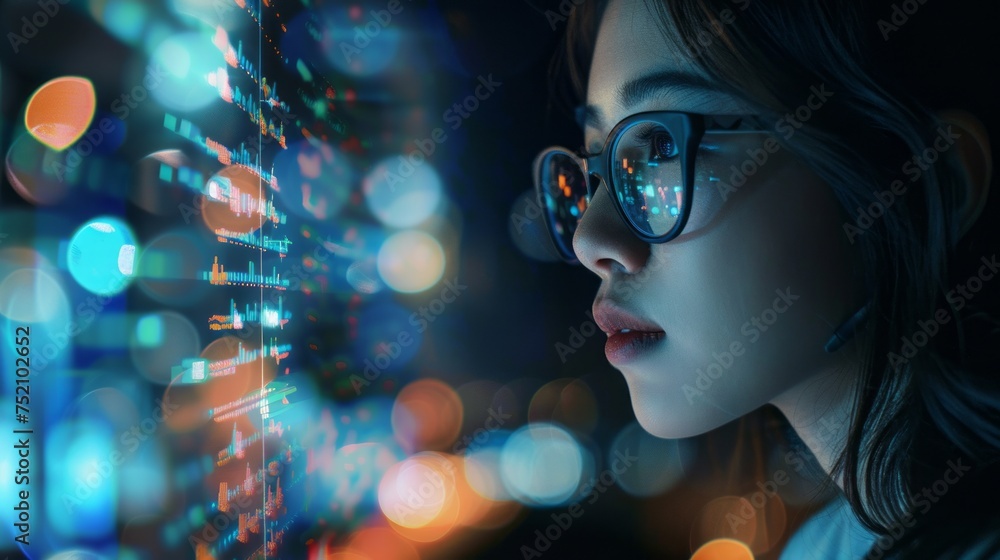 Aufkleber tech woman contemplating data analytics on tablet with coding hologram - digital technology & cybers