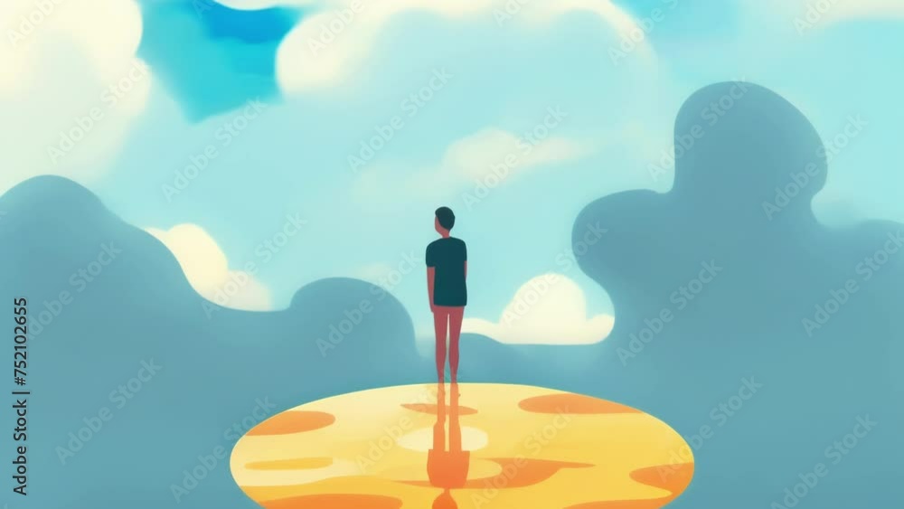 Poster a person standing in a pool of doubt with a thought bubble contning nothing but question marks. psyc