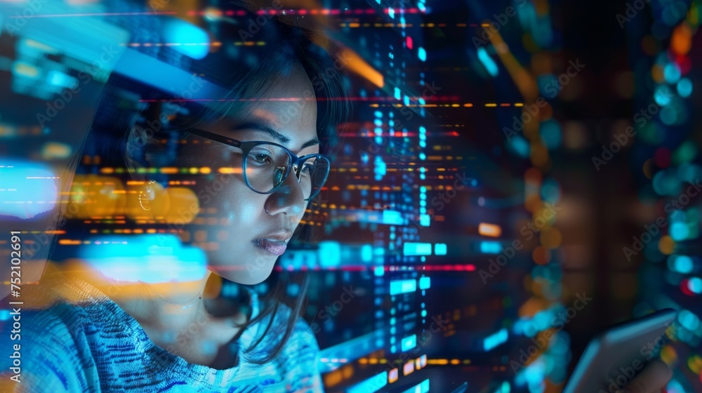 Poster tech woman contemplating data analytics on tablet with coding hologram - digital technology & cybers