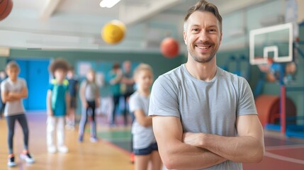 Portrait of happy physical education teacher during class at school gym