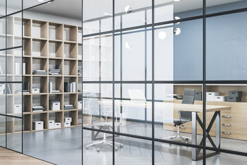 Contemporary meeting room interior with glass partition, wooden flooring and bookcase. 3D Rendering.