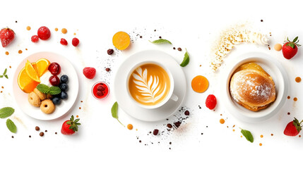 Collage set of different types of breakfasts: coffee cup, pancake and fruit salad. Cafe menu, good morning concept. Flavored coffee advertising. Generative AI
