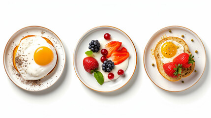 Collage set of different types of breakfasts: fried eggs, yogurt with berries and toast. Cafe menu, good morning concept. Flavored coffee advertising. Generative AI