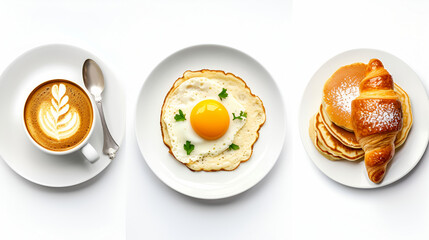 Collage set of different types of breakfasts: coffee cup, fried eggs, croissant. Cafe menu, good morning concept. Flavored coffee advertising. Generative AI