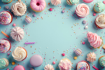 Birthday background, frame of candles, sweets, cream donuts and muffins, macarons on blue background. AI Generative. Copy space for text, Invitation greeting card mock up. - obrazy, fototapety, plakaty