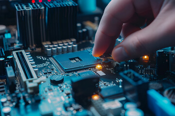 Professional man are repairing and assembling computer inside. Male hand inserts motherboard into a computer. diagnostic service and repai computer, tablet and laptop. Generative AI