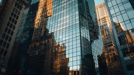Reflective skyscrapers, business office buildings. - obrazy, fototapety, plakaty