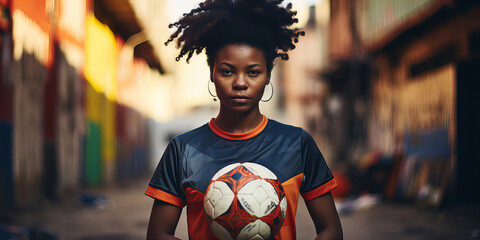A portrait of young african american woman with football ball in her hand . - obrazy, fototapety, plakaty