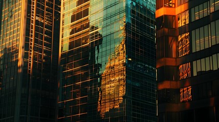 Reflective skyscrapers, business office buildings. - obrazy, fototapety, plakaty